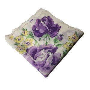 VTG HANKIE LG PURPLE FLOWERS GRAPHIC SCALLOPED EDGE POCKET SCARF BRIDAL WEDDING